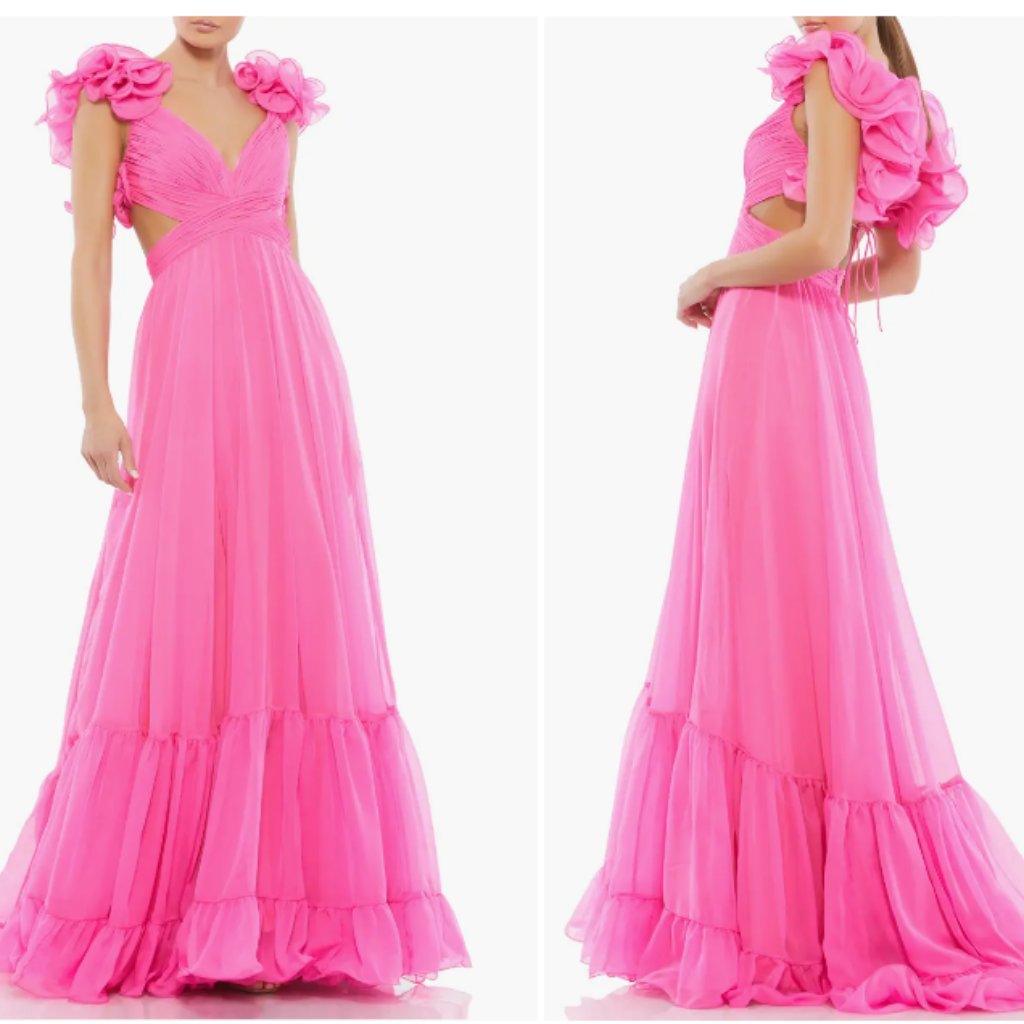 Mac Duggal 67911 Ruffled Tiered Cutout Chiffon Strappy Back Hot Pink Gown Sz 14